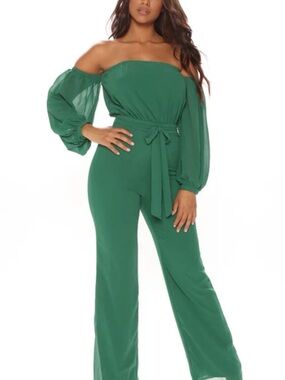 Off-Shoulder Emerald Green Jumpsuit with Tie Waist
